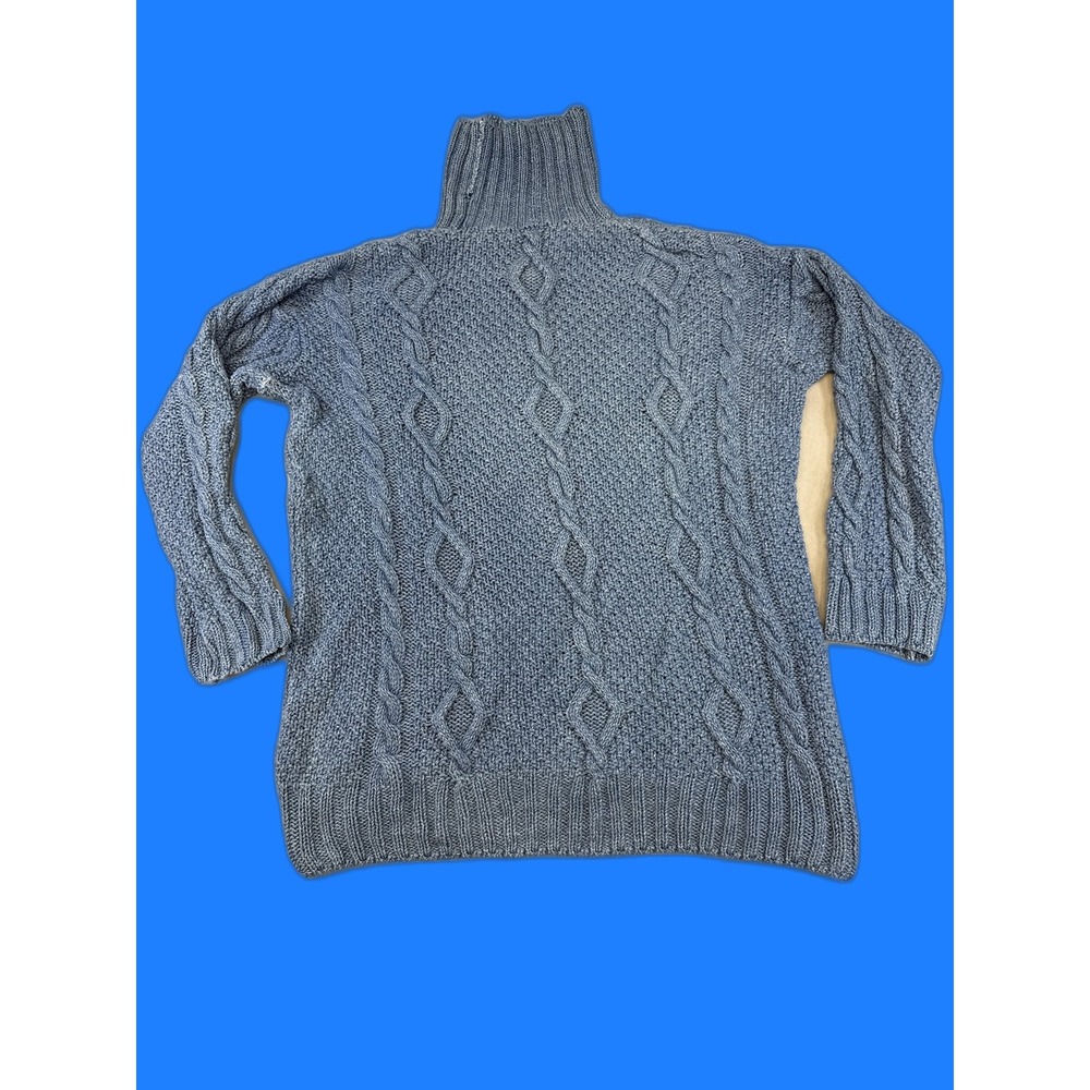 Marks Spencer Turtleneck Cable Knit Sweater UK 14 Blue 100% Cotton Long Sleeve